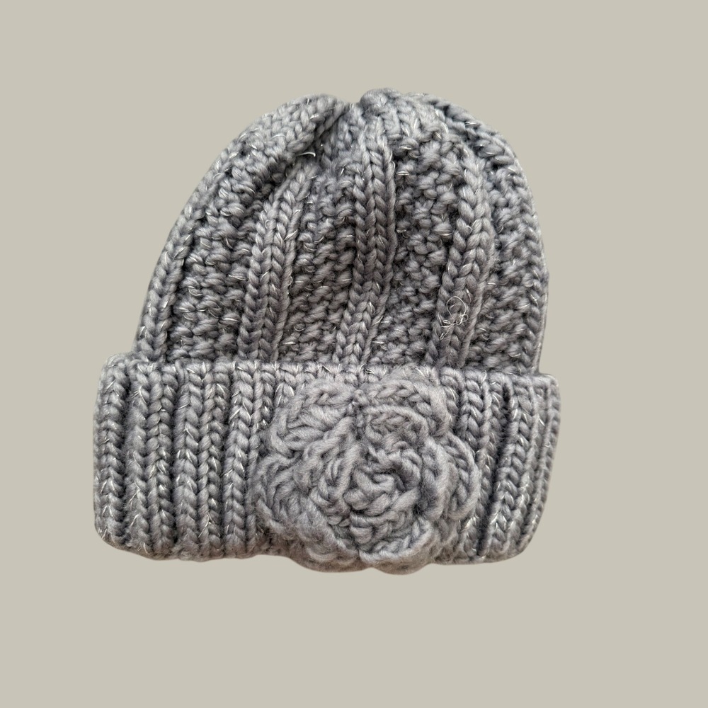 Chunky Knit Metallic Beanie Lavender Grey Fleece Lined Rosette Winter Hat